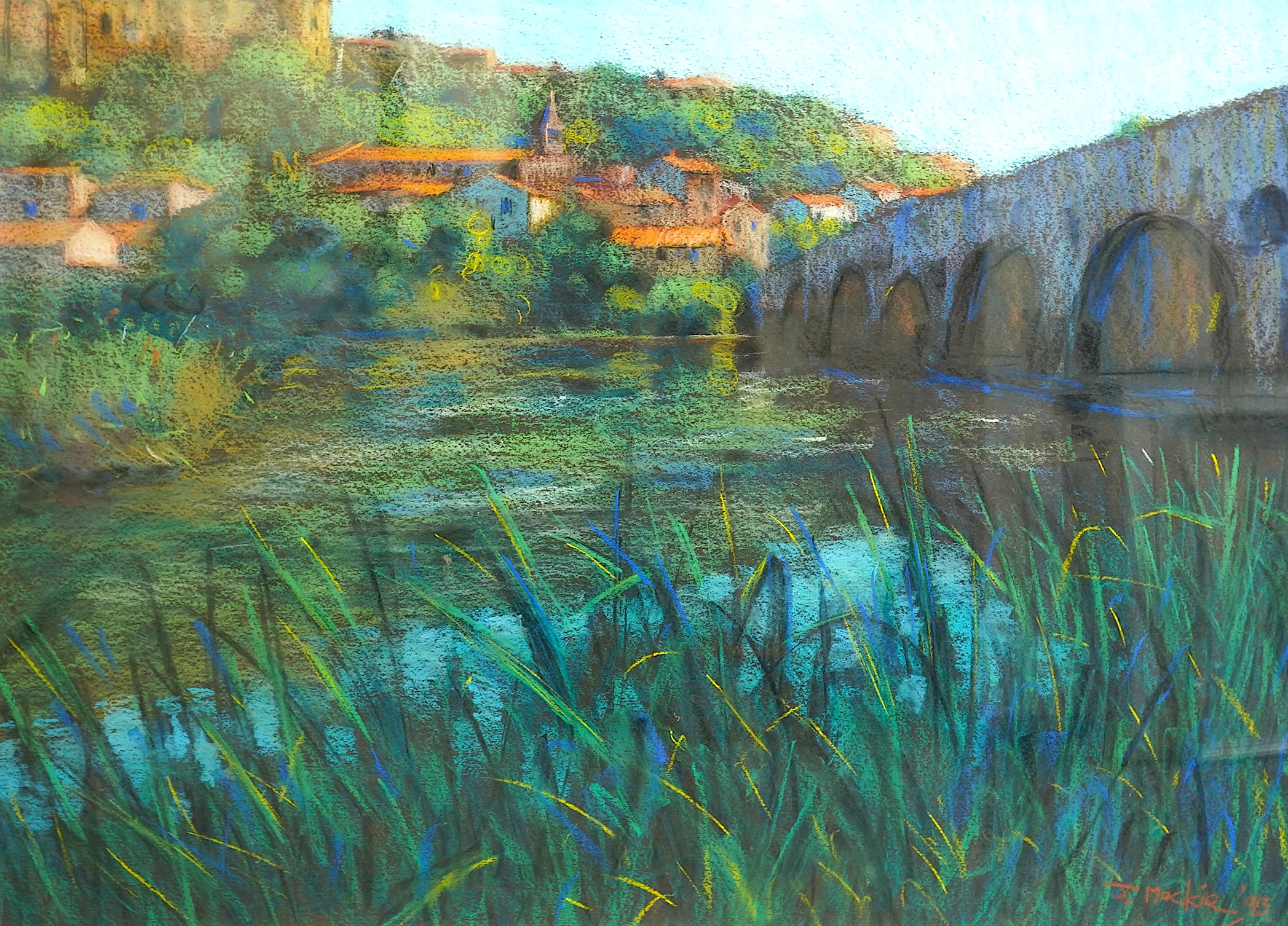 John Mackie (Scottish, b.1953), pastel, Bridge at Beziers, signed and dated, '93 58 x 76cm. Condition - good